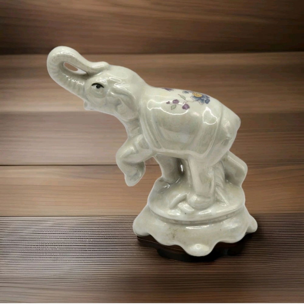 Vintage Ceramic Elephant Figurine 4” H Hollow Pearl Gloss Trunk Up Good Omen